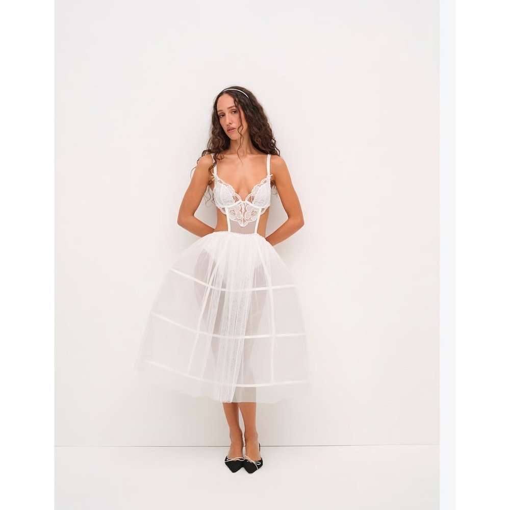 NEW! For Love & Lemons Blushing Blooms Midi Slip Dress White Floral Tulle M